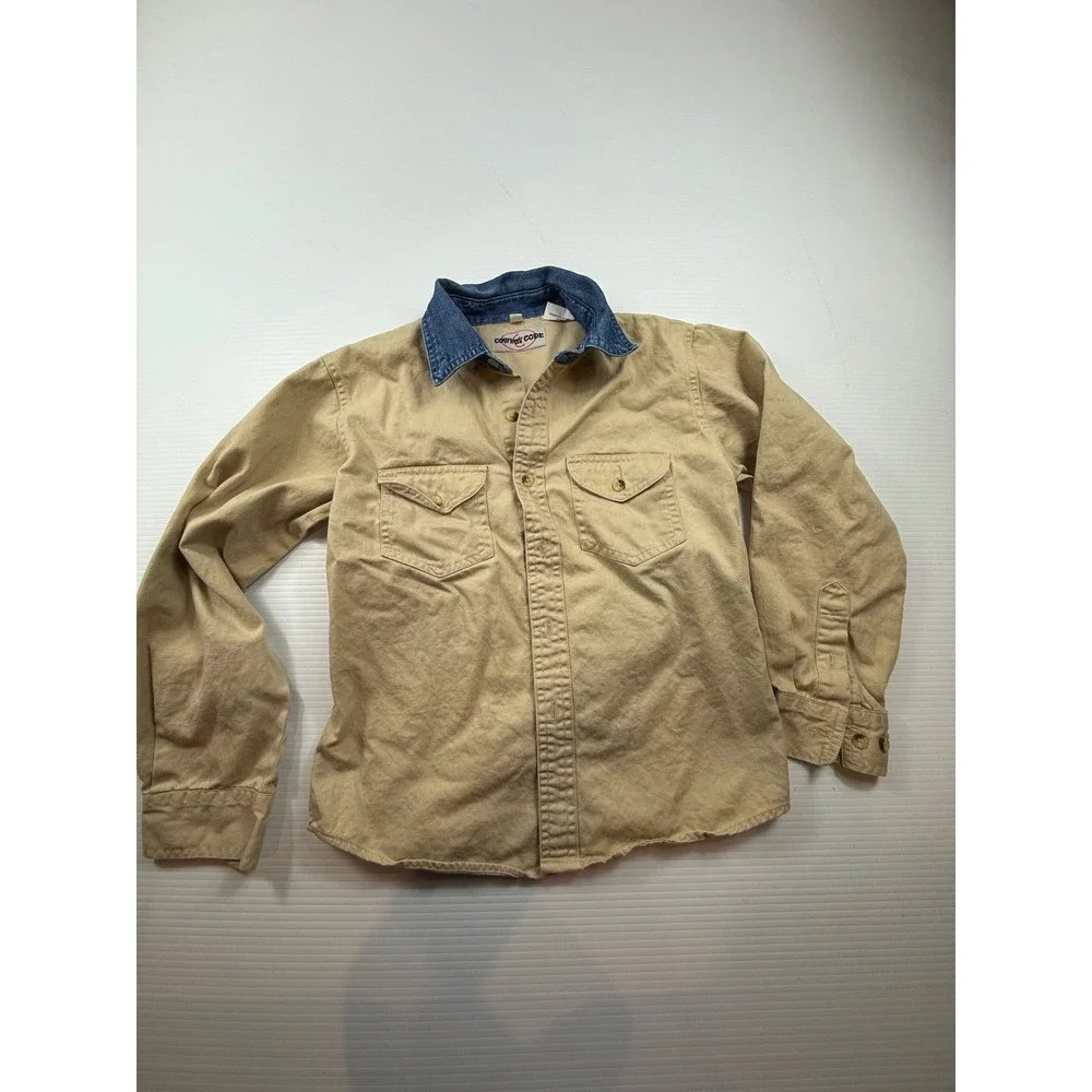 Cowboy Code Boys Tan Cotton Canvas Western Shirt Denim Collar Size L 10-12